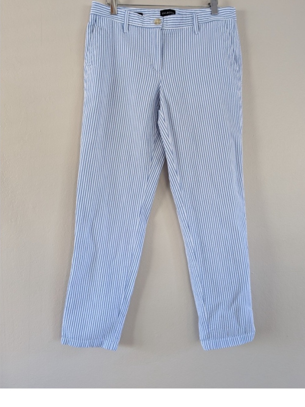 Talbots Womens Relaxed Chino Pants Blue Seersucker Striped Size 8p Coastal Prepp